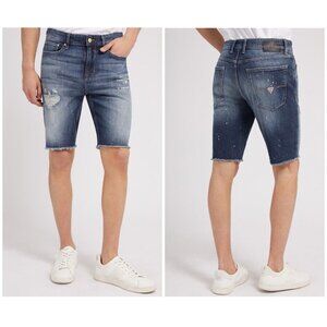Guess Men's Abrasions Slim Denim Shorts Destroy Splitter Painted Size 30
